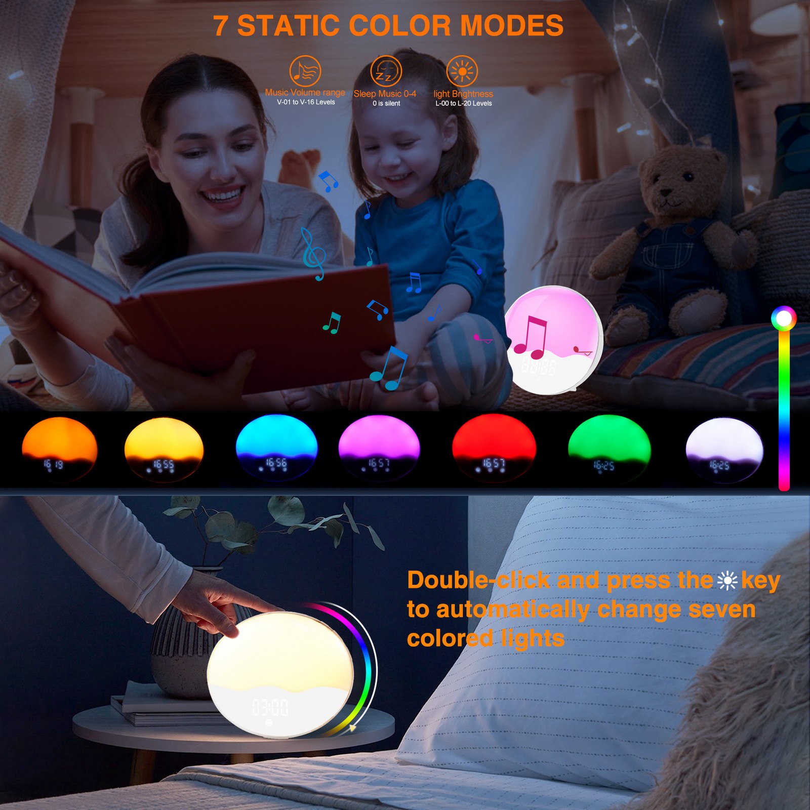 알람 시계 스마트 웨이크 업 라이트 수면 디지털 알람 시계 일몰 시뮬레이션 FM 라디오 7 색 야간 조명 및 침대 옆 램프